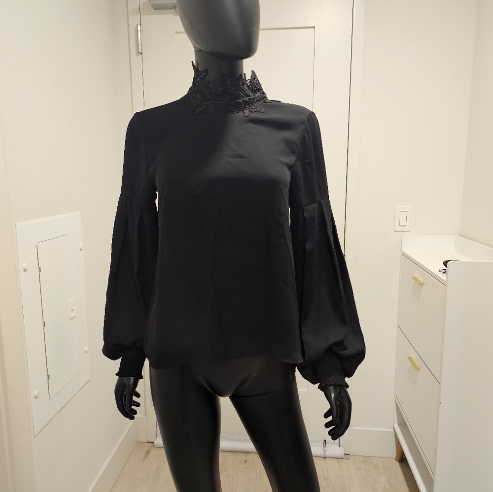 Elegant Black Blouse with Applique Lace Detail